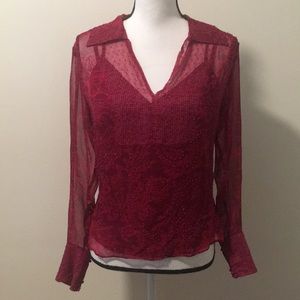 ECI berry pink silk, sheer blouse with beading